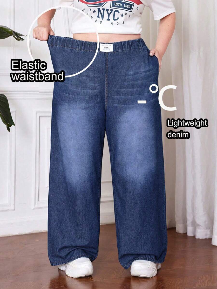 SHEIN CURVE+ Jeans blu taglie forti con vita elastica, tessuto leggero, jeans comodi e freschi, pantaloni diritti snellenti