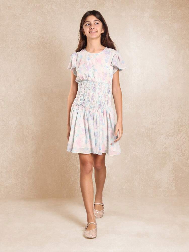 Empire Waist Flutter Sleeve Dress With Smocked Waist Detail