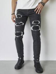 Manfinity Roghcode 男式口袋破洞修身休闲牛仔裤