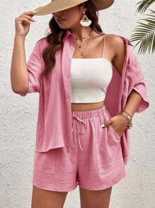 SHEIN VCAY 2 stuks/set plus size dames effen kleur korte mouwen shirt en shorts