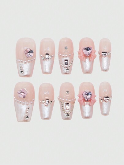 Kawaii 10 pezzi di unghie finte realizzate a mano con fiocco dolce e di alta qualità + 3 fogli di nastro biadesivo, adesivi per unghie rimovibili per arte di unghie fai da te, design unico stile francese con Strass, adatto per feste, danze e uso quotidiano