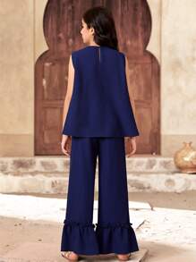 SHEIN Leap Crew 2 件套 Tween Girl 休闲星星和月亮印花圆领泡泡袖上衣和裤子套装 - 藍色 - 查看 2