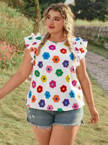 SHEIN VCAY Plus Size Floral Print Round Neck Cap Sleeve Blouse, Multi-Color Summer Beach For Woman Graduation Brunch For Women St Patrick Spring Break Rave Festival Elegant Vacation Woman Casual Western Cute Boho Floral Beach Spring Brunch For Women Old Money Tropical Vacation Woman Cute Tops Women Summer Cute Summer Tops Women Summer Women Tops