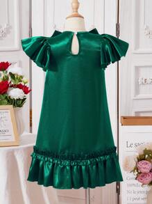 SHEIN Rochie de zi cu mânecă scurtă pentru fetiță minimalistă casual - Verde inchis - Vizualizare 2