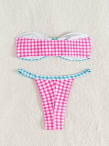 Swim Mod Conjunto de bikini de colores en bloque retro, cuadros, lindo y divertido para vacaciones de verano en la playa para mujer - Multicolor - Ver 2