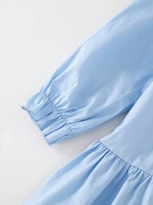 PrepCrw Young Girls Elegant Academic Blue Squirrel Embroidered Ruffle Hem Loose Front Patch Shirt Dress For Spring & Autumn