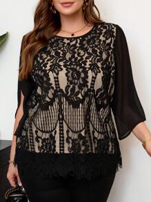 SHEIN Frenchy 大码优雅简约浪漫蕾丝雪纺拼接女式衬衫，适合办公室、约会、派对、春夏新品 - 黑色 - 查看 6