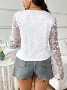 SHEIN Frenchy Plus Size Casual Elegant V-Neck Lace Bell Sleeve T-Shirt - White - View 2