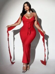 Viva Relle Vestido de tirantes con escote en V y volantes para mujer talla grande, romántico para citas de San Valentín, fiestas y días festivos