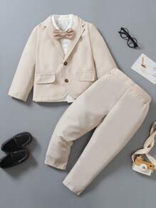 Young Boys 2 Pieces Gentleman Suits, Spring/Summer Toddler Boys Gentleman Outfits, Includes 1 Textured Long Sleeve Blazer Jacket With Notch Lapel Design, Faux Pockets Details And 1 Ankle-Length Formal Pants, Fashionable Suit For Birthday Party, Ceremony, Wedding, Wedding Guest, Ring Bearer, Page Boy