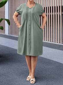 EMERY ROSE Plus Size Women Plain Round Neck Short Sleeve Pleated Pocket Casual Dress