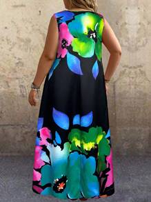 EMERY ROSE Plus Size Summer Sleeveless Floral Print White Dress,Beach Dress Sundress,Holiday Outfits Boho - Green - View 2