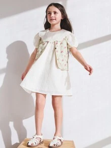 SHEIN Young Girls' Yellow Plaid Floral Print Cotton V-Neck Sleeveless Jacket, Suitable For Spring And Winter