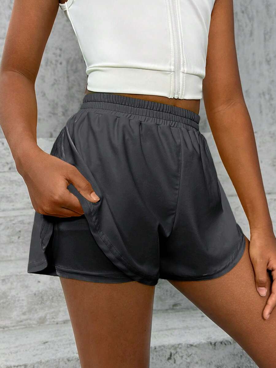 SHEIN Tween Girls Solid Color Relaxed Fit Elastic Waist Knit Shorts - Dark Grey - View 1