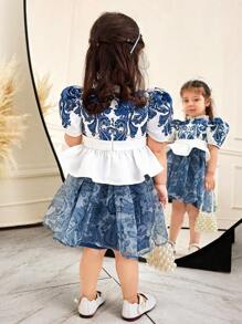 SHEIN 2pcs Baby Girl Elegant & Ruffled Peter Pan Collar Puff Sleeve Waisted Shirt And Skirt Set - Blue - View 2