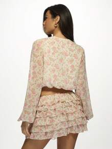 MISSGUIDED Floral Print Wrap Crop Top And Ruffle Tiered Mini Skirt Set Boho Summer Festival Beach Resort Wear Two Piece Outfit - Multicolor - View 2