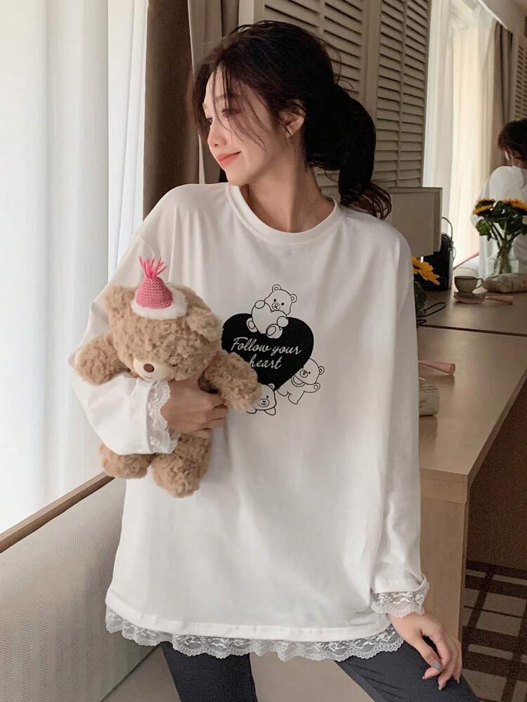 Cute Bear Heart Graphic Print Lace Trim Blouse & Slim Fit Pants Pajama Set