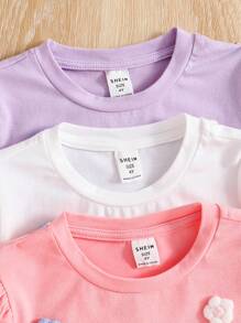 SHEIN 3pcs/Set Young Girl Knit Solid Color Round Neck 3D Flower Fitted T-Shirt - Multicolor - View 5