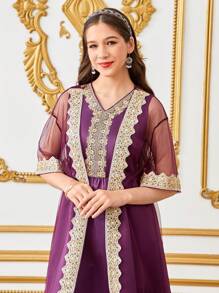 SHEIN Teen Girl Loose Lovely Round Neck Geometric Pattern Coat And Dress 2 Pieces Set - Purple - View 5