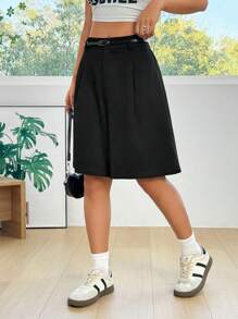 SHEIN EZwear Quần short Bermuda dệt rộng màu đen có thắt lưng - màu đen - Xem 6