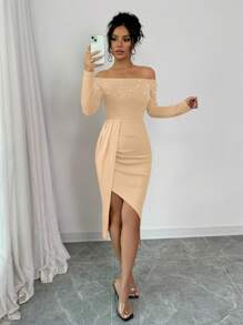 Elenzga Vestido de mujer con hombros descubiertos, fruncido, abertura alta y diseño con perlas - Caqui - Ver 5