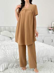 2pcs/Set Women Solid V-Neck Short Sleeve Sleepwear Top And Pants Pajama Set