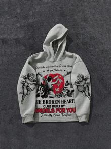 PAVTROS Men's Slogan & Angel Print Long Sleeve Hoodie Sweatshirt Hoodie Graphic Hoodies For Men Graphic - Light Grey - View 1