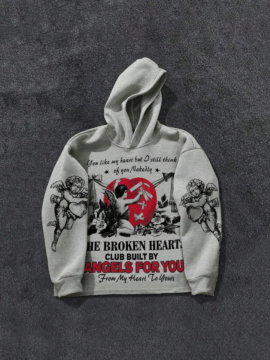 PAVTROS Men's Slogan & Angel Print Long Sleeve Hoodie Sweatshirt Hoodie Graphic Hoodies For Men Graphic - Light Grey - View 1