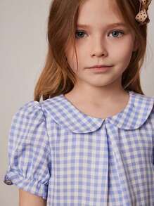 PrepCrw 年轻女孩春夏格纹编织领蝴蝶结连衣裙