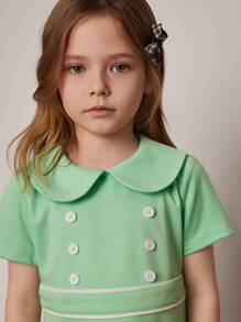 PrepCrw Young Girls' Spring/Summer Green Roman Cloth Lapel Double-Breasted Dress - Green - View 7