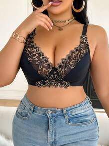 SHEIN 1pc Plus Size Women Lace Patchwork Underwire Bra, Comfortable - Multicolor - View 3