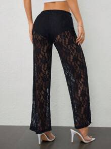 SHEIN PETITE Women's Solid Color Lace Sheer Long Pants - Black - View 3