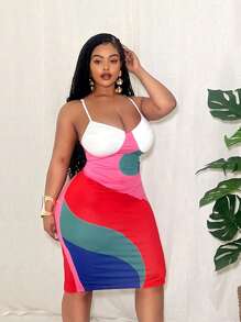 Slaydiva 2025 Summer&Beach New Elegant & Sexy & Party Plus Size Women Contrast Color Block Print Bodycon Spaghetti Strap Midi Dress