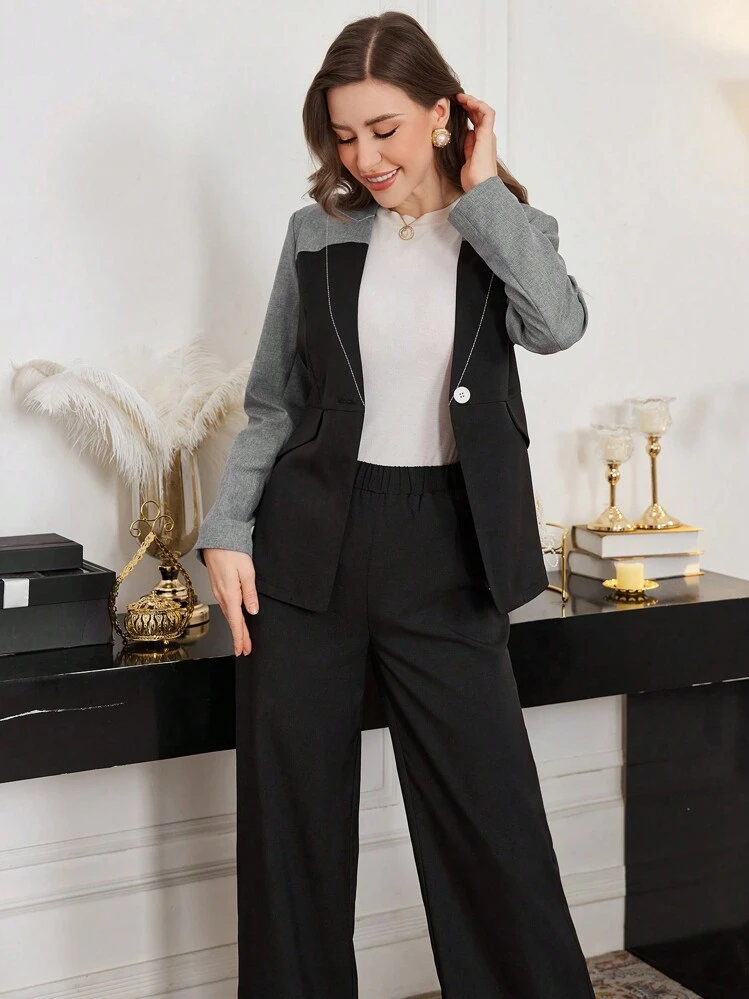 Modelyn Conjunto de blazer de ajuste slim con cuello en V profundo y contraste de color y pantalones rectos para mujer, apto para primavera/verano - Multicolor - Añade 3