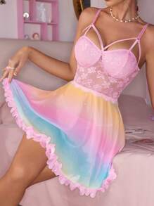 2pcs Set: Lace Patchwork Ruffle Hem Printed Mesh Sexy Nightgown + G-String, Suitable For Music Festivals - Multicolor - View 4