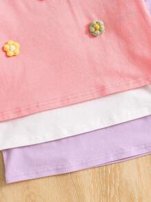 SHEIN 3pcs/Set Young Girl Knit Solid Color Round Neck 3D Flower Fitted T-Shirt - Multicolor - View 6
