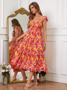 SHEIN VCAY Women's Vacation Casual Short Ditsy Floral Mid-Length Dress,Elegant - Orange - View 5