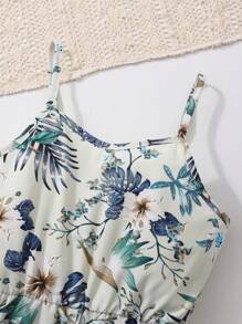 SHEIN Tween Girl 2pcs/Set Ditsy Floral Sleeveless Jumpsuit + Short Puff Sleeve Cropped Jacket Summer Clothes Set,Holiday,Summer,Travel