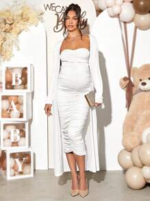 Loomaby 2pcs/Set Maternity Solid Color Long Sleeve Long Jacket And Ruched Dress