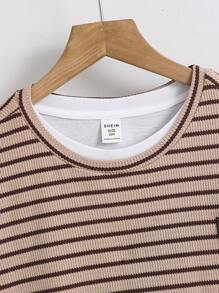 SHEIN Leap Crew 3pcs/Set Tween Boys' Casual Striped Vest, Short Sleeve Tee And Long Pants Set, Suitable For Commuting, School, Everyday Casual Wear, Sports, Spring/Summer - Khaki - View 5