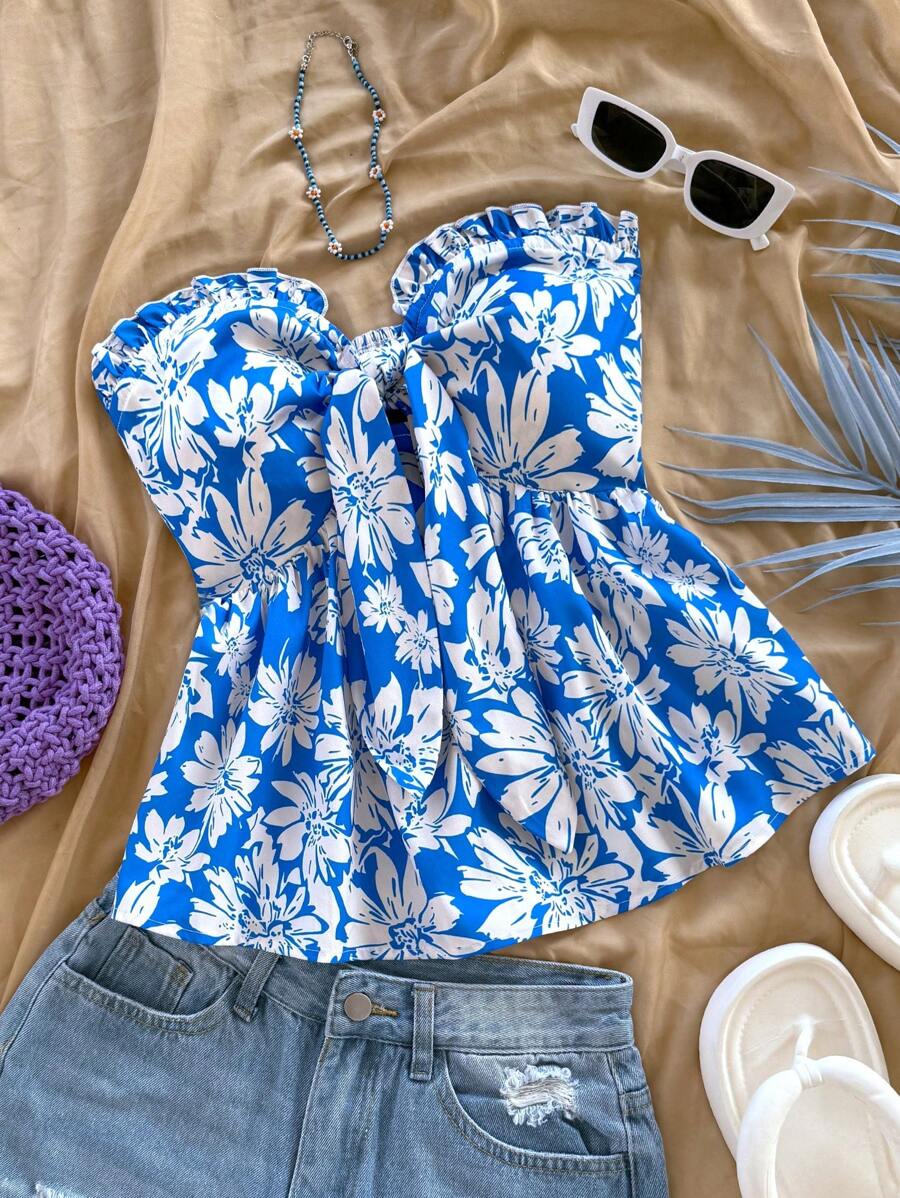 Soleia Ladies' Holiday Blue And White Tropical Floral Print Tube Ruffled Waist A-Line Crop Top, Suitable For Date, Beach, Afternoon Tea - Blue and White - View 1