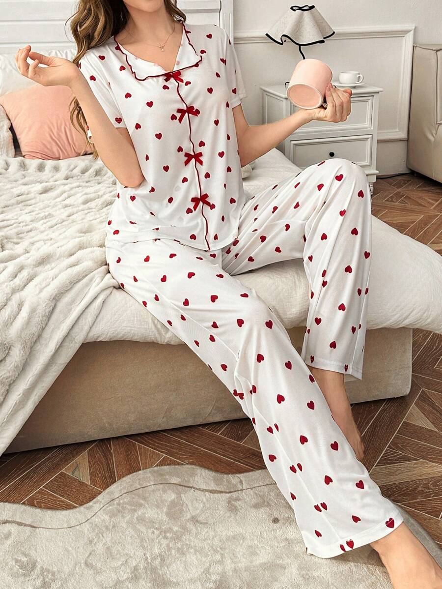Casual Colorblock Bow Decor Heart Design Lapel Women Pajama Set - Multicolor - View 1