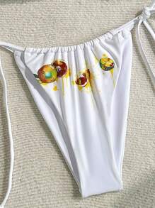 SHEIN Swim Set de 2 piezas de traje de baño para mujer con parte superior de escote en V con atar halter y Bottom de bikini con atar a los lados, estampado de verano y sexy