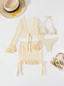 Swim Mod Summer 4pcs Women Lace Neck Tie Bikini, Sheer Long Ruffle Sleeve Cover Up Set - Apricot - View 8