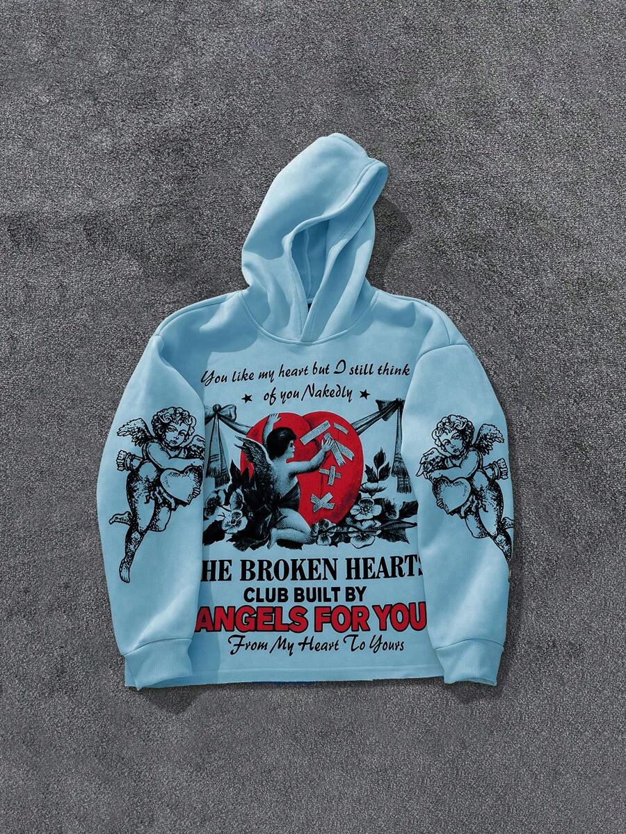 PAVTROS Men Slogan Small Angel Graphic Hoodie Sweatshirt - Baby Blue - View 1