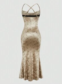 Sweetra Đầm đuôi cá bó sát sang trọng họa tiết hoa nhung dành cho nữ, thoải mái cho mùa thu/đông - Nhiều màu - Xem 2