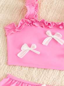 SHEIN 2pcs/Set Young Girl Cute Pink Swimwear, Bowknot 3D Flower Strap Ruffled Shorts - Pink - View 7
