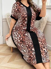 Fashionable Leopard Pattern Color Block V-Neck Casual Lounge Dress, Homewear