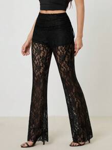 SHEIN Tall Women's Retro Side Drawstring Street Fashion Slim Fit Lace Flared Pants