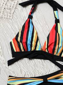 SHEIN Conjunto de bikini a rayas informal de moda deportiva para vacaciones de verano, outfits de playa para mujeres